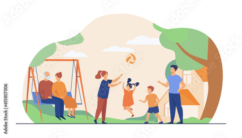 Senior couple watching family play vector illustration. Children and grandchildren having fun and playing with ball while grandparents hugging on swing. Summer, family, senior lifestyle concept