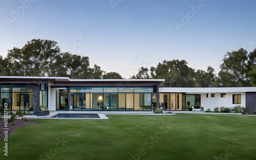 Modern minimalist house exterior display with green grass in the foreground © Supriyanto