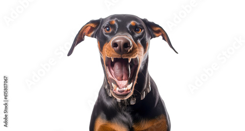 Angry doberman dog, isolated on transparent background. Doberman dog portrait. PNG