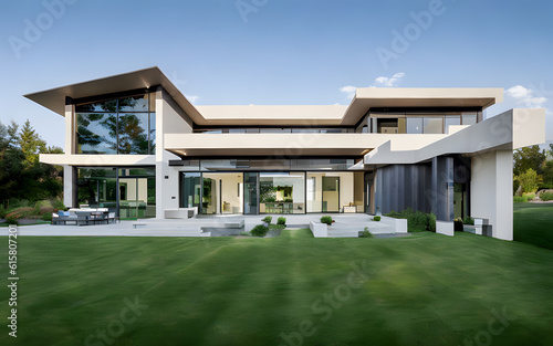 Modern minimalist house exterior display with green grass in the foreground