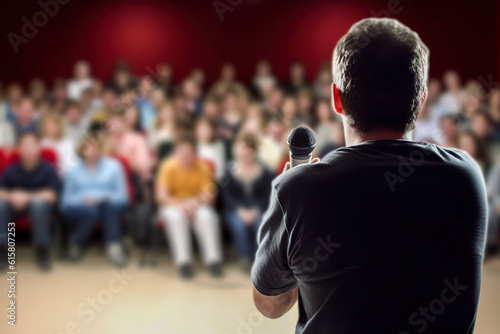 Motivational speaker with microphone performing on stage, in background people sitting in hal. 