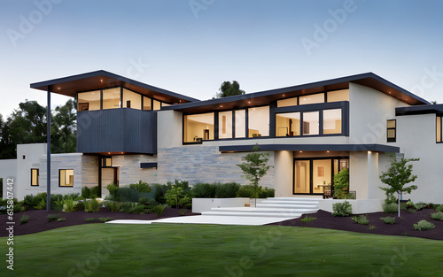 Modern minimalist house exterior display with green grass in the foreground