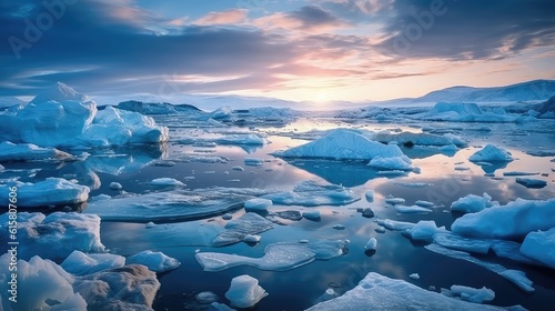 Print op canvas Sunset over the arctic landscape with frozen glaciers