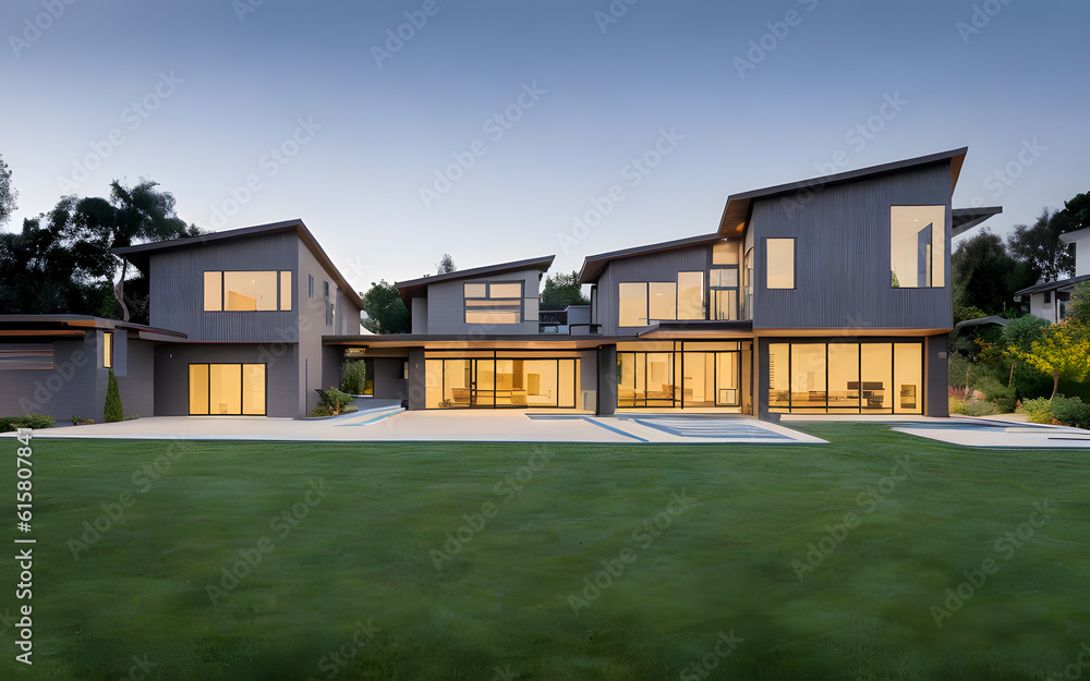 Modern minimalist house exterior display with green grass in the foreground Modern minimalist house exterior display with green grass in the foreground