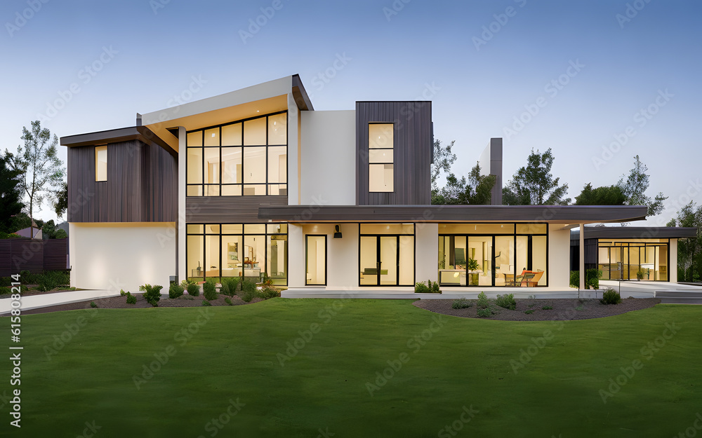 Modern minimalist house exterior display with green grass in the foreground Modern minimalist house exterior display with green grass in the foreground