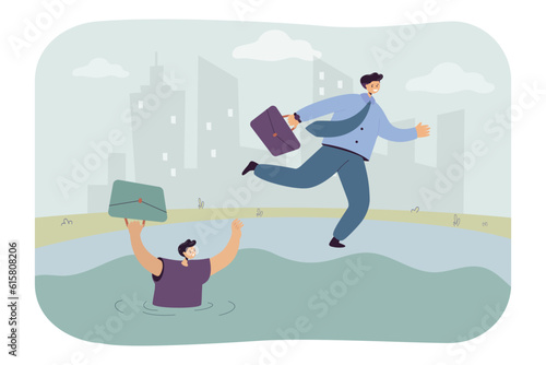 Businessman running past drowning man vector illustration. Colleague having financial problems and asking for help, people ignoring him. Rivalry, competition, bankruptcy, teamwork concept