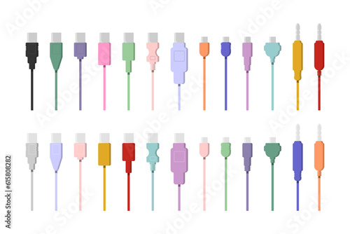 Cables of different types and colors vector illustrations set. Collection of cartoon drawings of wires for equipment, electronic devices, appliances, charging cables. Technology, connection concept