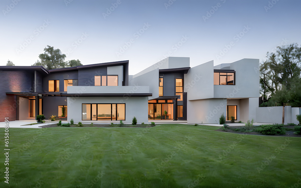 Modern minimalist house exterior display with green grass in the foreground Modern minimalist house exterior display with green grass in the foreground