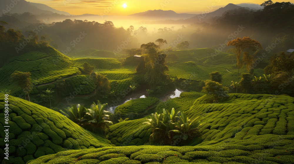 Sunrise in a tea plantation in Malaysia. Generative AI