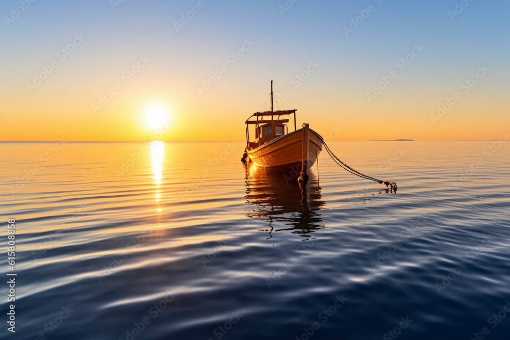 Very low angle photo of the calm serene smooth Mediterranean sea water and boat. AI generative