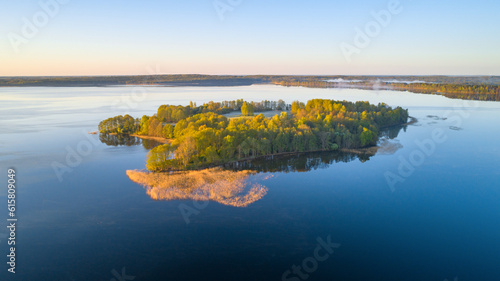 Aerial view of beautiful lake in the morning