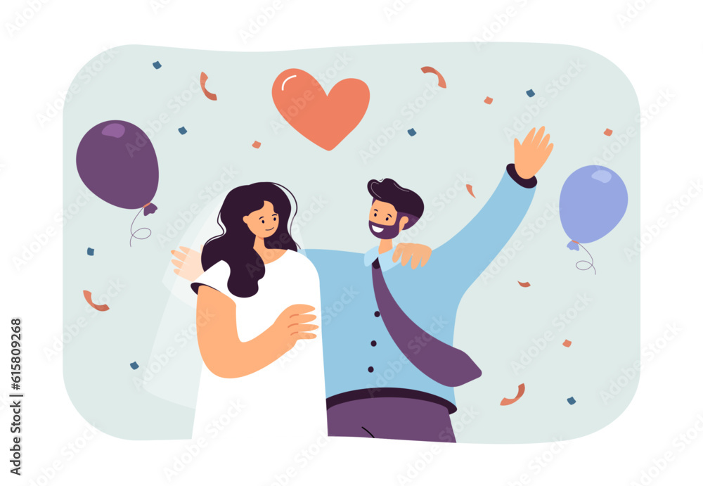 Happy bride and groom hugging vector illustration. Cartoon drawing of young man and woman celebrating wedding, exclusive relationship. Monogamy, marriage, love, celebration concept Happy bride and groom hugging vector illustration. Cartoon drawing of young man and woman celebrating wedding, exclusive relationship. Monogamy, marriage, love, celebration concept