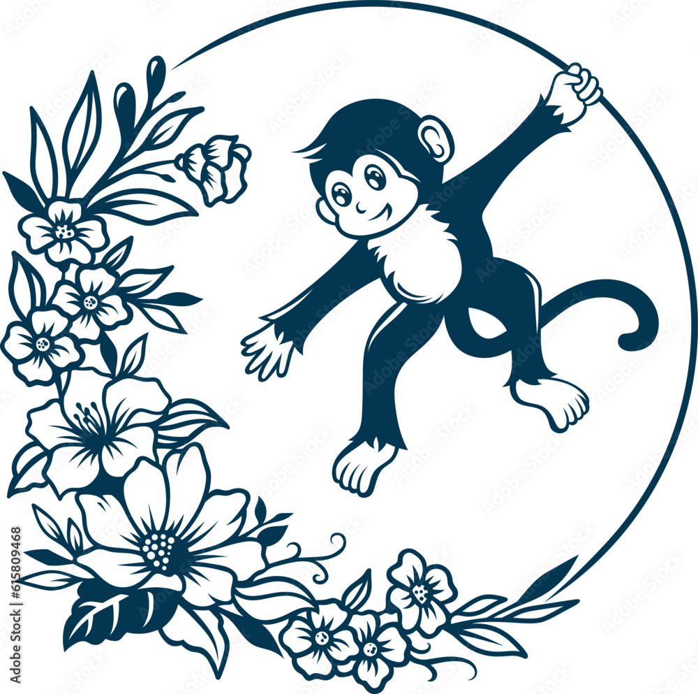 Fototapeta premium Abstract Hanging Monkey Tattoo Silhouette with Floral Accent