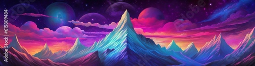 Colorful illustration of mountain peaks in outer space planet