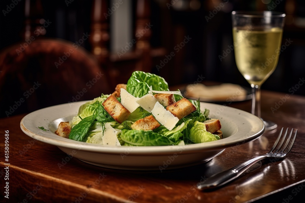 Caesar salad served in restaurant, close up shot - obrazy, fototapety, plakaty 