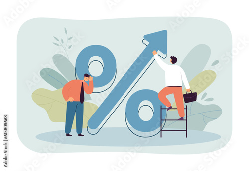 Scared tiny businessmen with percent sign vector illustration. Cartoon drawing of person on ladder fighting increasing price or interest rate. Inflation, finances, economy, banking concept