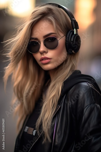 Blond hair young woman wearing sunglasses and listening to music with headphones. Casual street shot