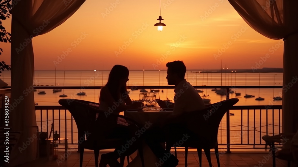 Fototapeta premium romantic couple sit in reastaurant at summer night on sunset beach, cafe ,on horizon city ,sea in restaurant ,generated ai