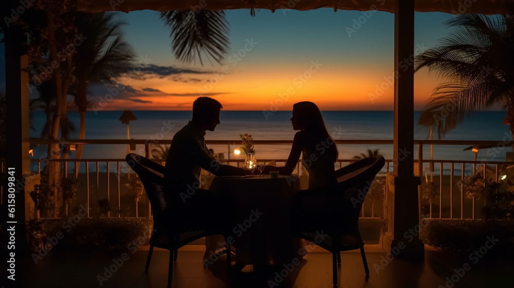 Obraz premium romantic couple sit in reastaurant at summer night on sunset beach, cafe ,on horizon city ,sea in restaurant ,generated ai