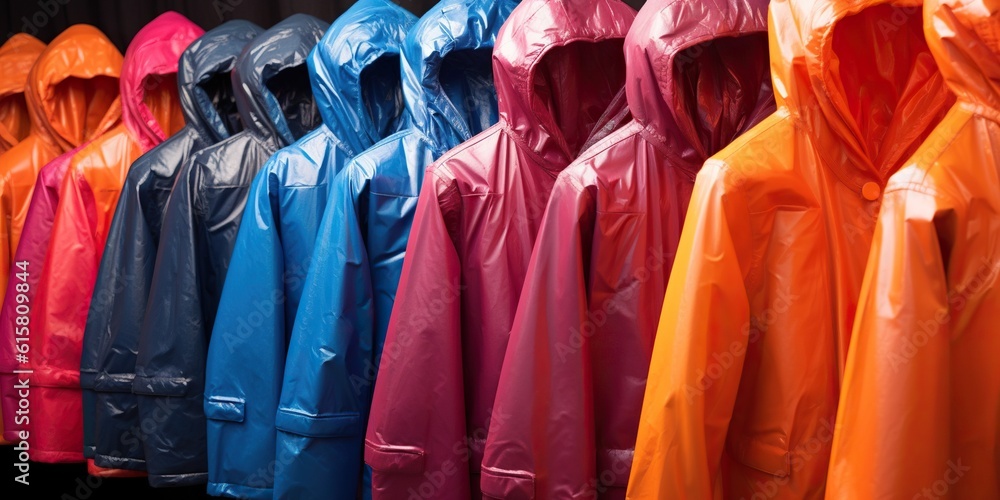 Colorful line of rain jackets, concept of Water resistance, created with Generative AI technology