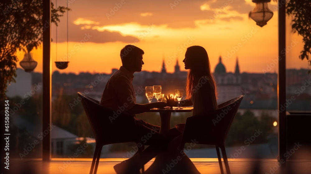 Obraz premium romantic couple sit in reastaurant at summer night on sunset beach, cafe ,on horizon city ,sea in restaurant ,generated ai