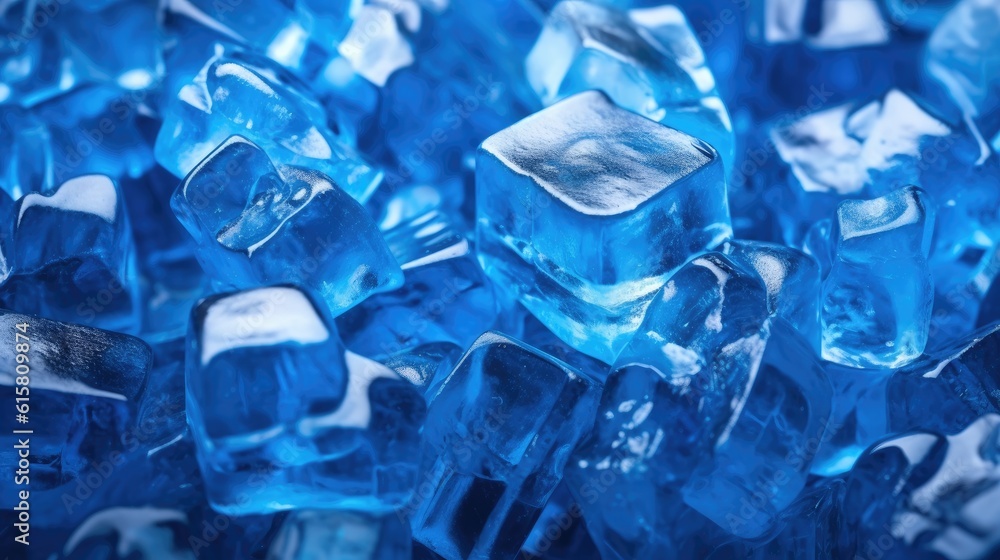 Ice cubes wet with water drops on blue background. Generative AI Ice cubes wet with water drops on blue background. Generative AI
