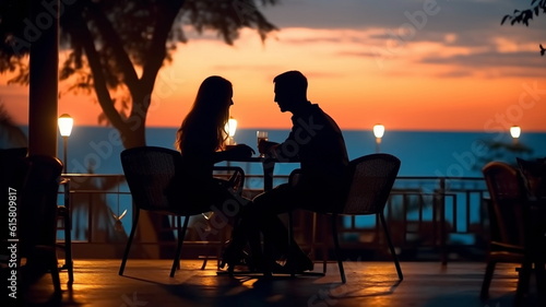romantic couple sit in reastaurant at summer night on sunset beach, cafe ,on horizon city ,sea in restaurant ,generated ai