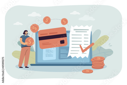 Woman paying invoice online vector illustration. Female character using credit card and laptop for digital money transaction. Payment option, banking, finance transactions concept