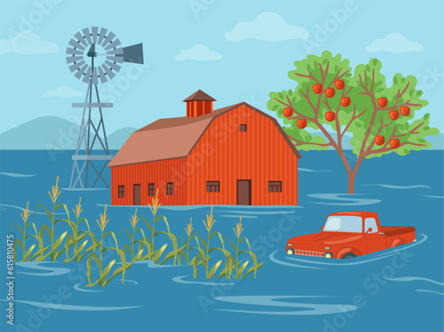 Farm with barn and crops drowning in water vector illustration. Drawing of flood on farm, red building, car, windmill, apple tree in water. Environment, ecology, natural disasters, agriculture concept