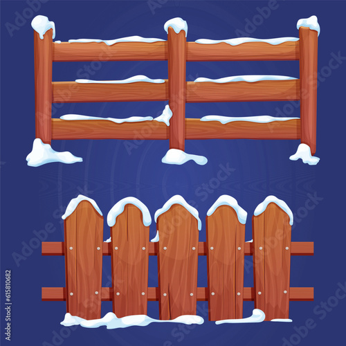 Wooden fence with snow barrier construction in cartoon style isolated. Game element, background, detailed asset.