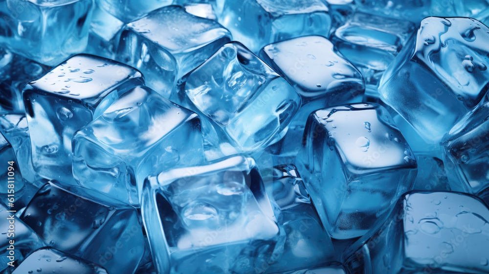 Ice cubes wet with water drops on blue background. Generative AI
