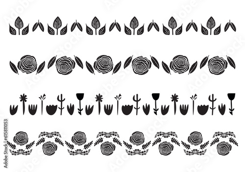 Set of floral vector borders in scandi clip art. Organic folk art banner group in decorative linoleum print vintage style. 