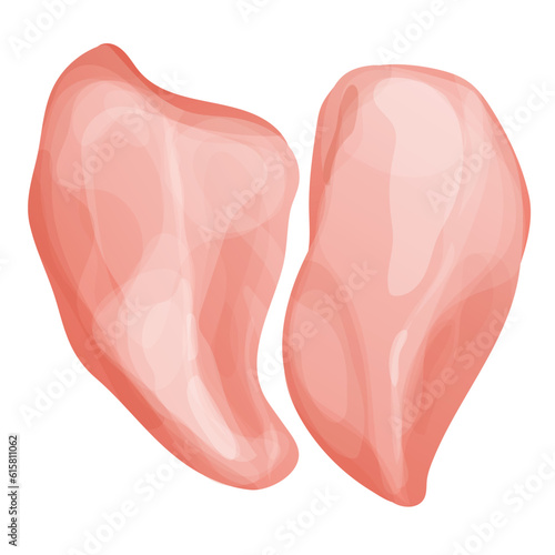 Chicken fillet meat part breast top view in cartoon style isolated on white background. Boneless raw ingredient
