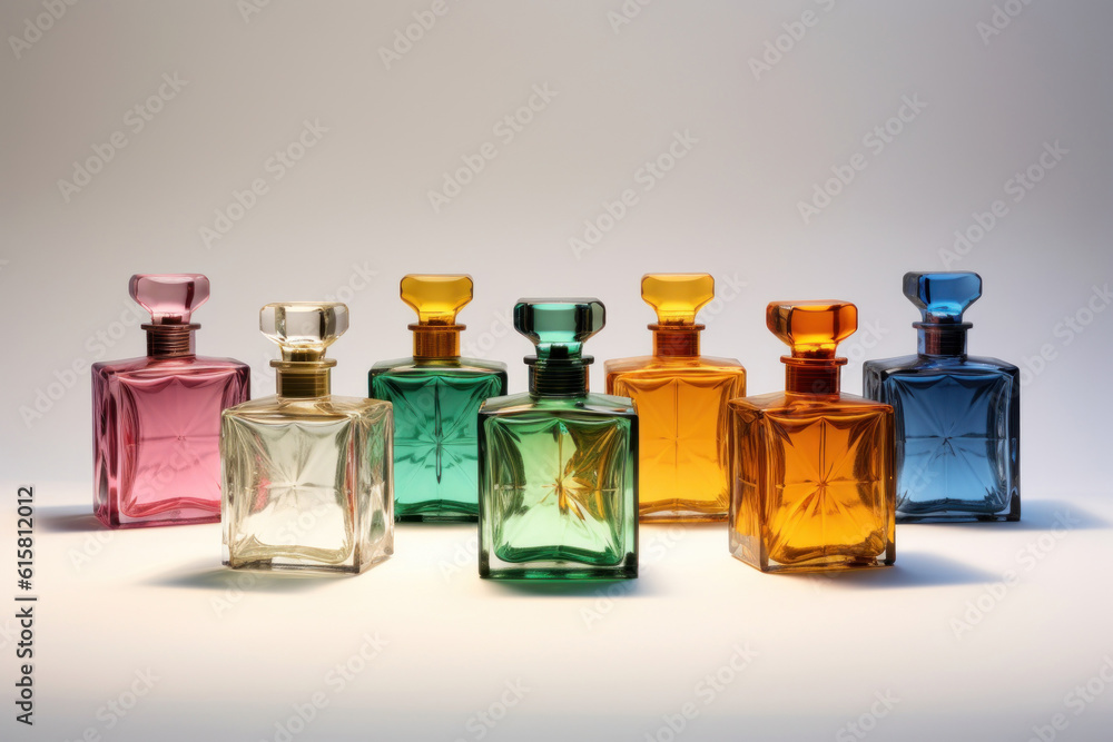 Colorful cosmetic bottles on white background Generative AI Colorful cosmetic bottles on white background Generative AI
