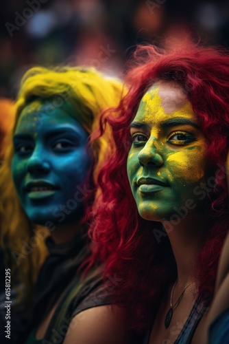 Colorful painted faces on woman in stadium. Generative AI