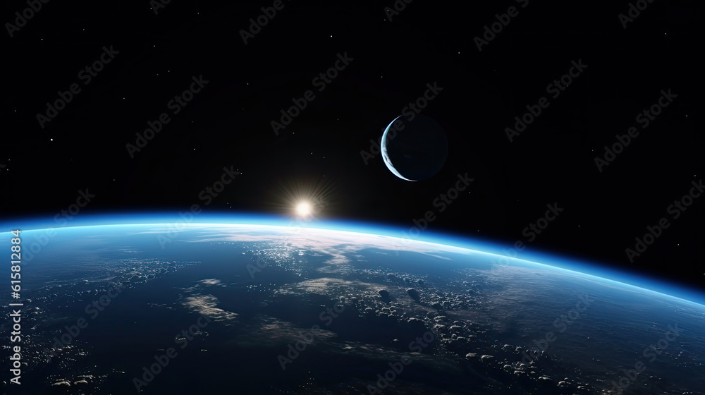 Naklejka premium Space planet earth surface shot with a half-lit planet in the background. Universe science astronomy space dark background wallpaper