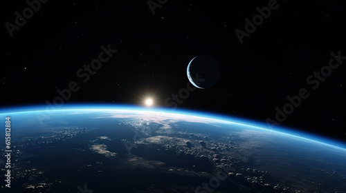 Fototapeta Naklejka Na Ścianę i Meble -  Space planet earth surface shot with a half-lit planet in the background. Universe science astronomy space dark background wallpaper