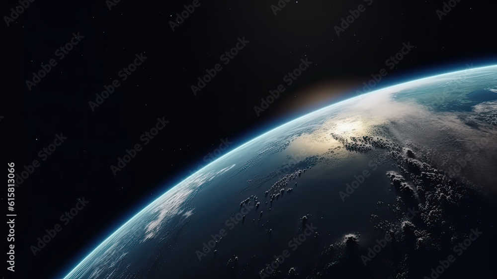 Space planet earth left semicircle shot with blue atmosfera around and light peeking out. Universe science astronomy space dark background wallpaper