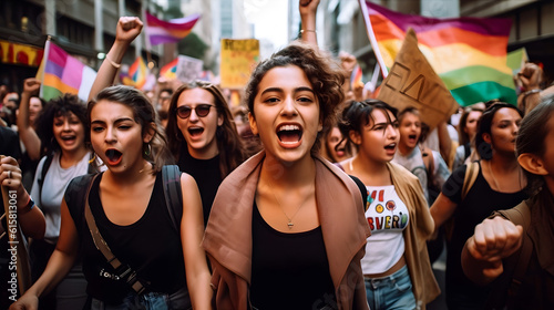 A group of diverse activists marching in a busy city street, carrying colorful banners and shouting slogans promoting gender equality, racial justice, and LGBTQ+ rights. © ckybe