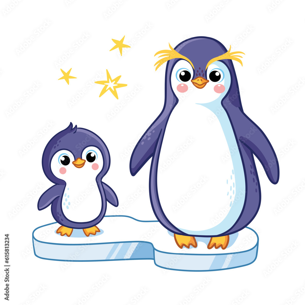 Penguin and a baby penguin stand on an ice floe on a white background ...