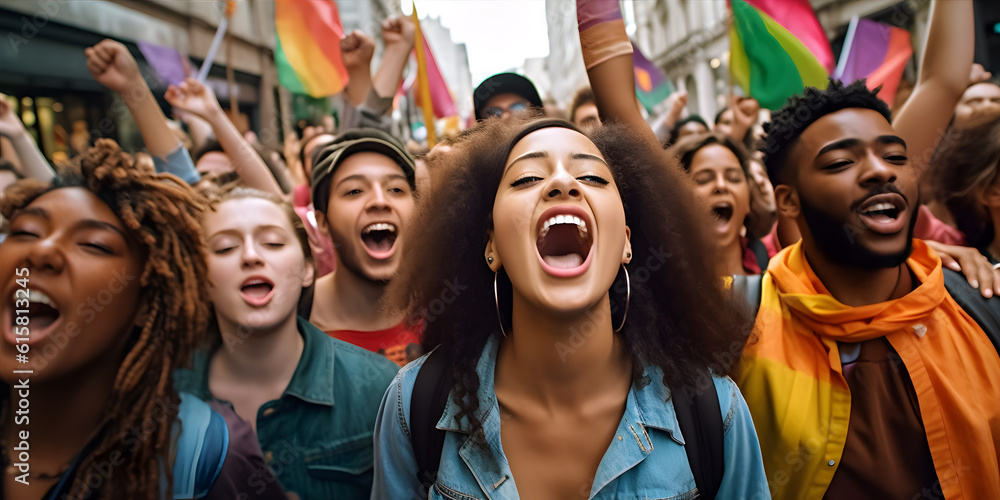 A group of diverse activists marching in a busy city street, carrying