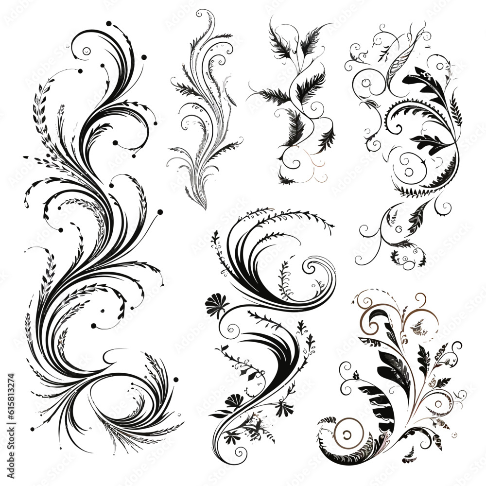Set of Calligraphic Filigree Design Elements and Page Decorations Set of Calligraphic Filigree Design Elements and Page Decorations