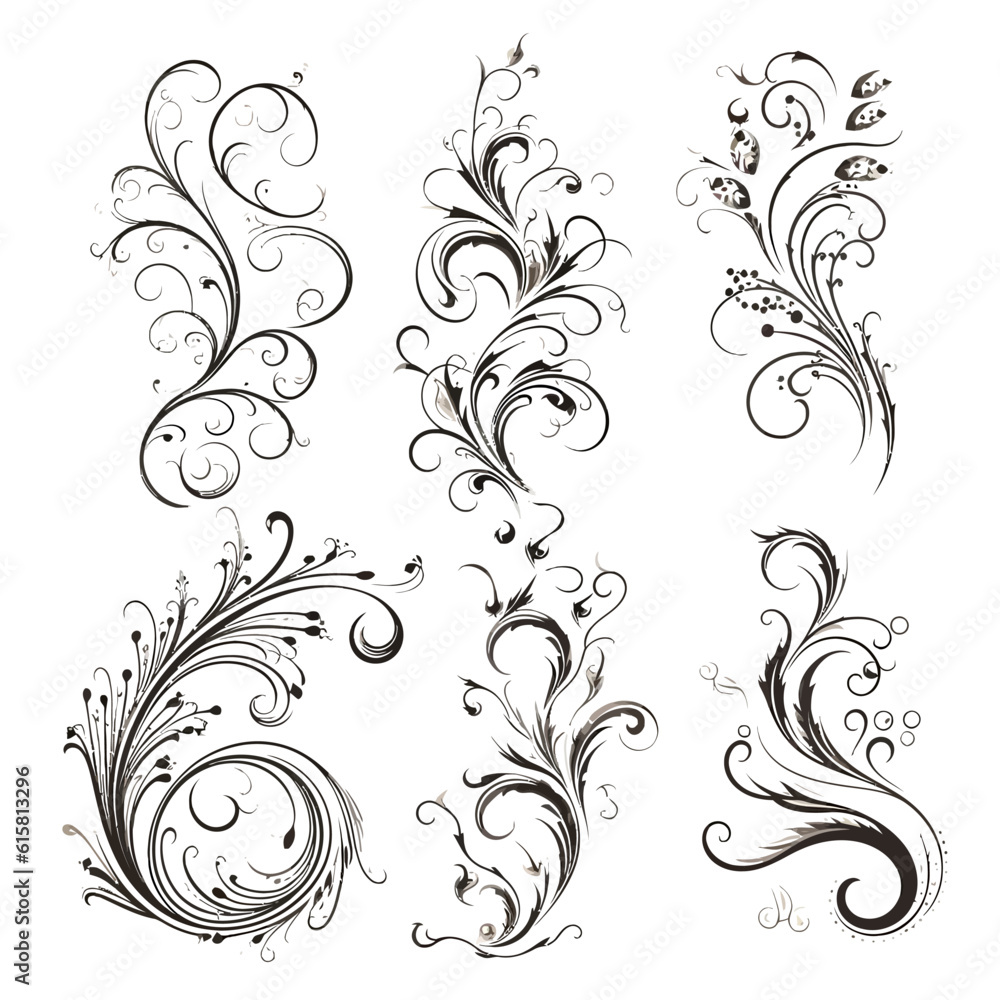 Set of Calligraphic Filigree Design Elements and Page Decorations Set of Calligraphic Filigree Design Elements and Page Decorations