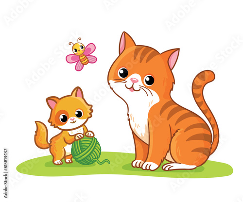 Cat with a kitten is playing on a green meadow. Vector illustration with pets.