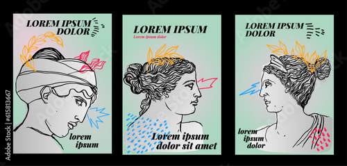 Recurso de diseño de carteles con ilustraciones de estatuas griegas femeninas, ilustración gestual realizada con pincel. Estaturas griegas con corona. Recurso para carteleria, banner, flyer, pegatina