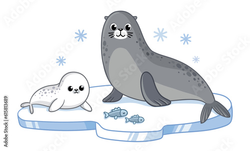 Fur seal with a cub are sitting on an ice floe with caught fish. Vector illustration with sea animals.