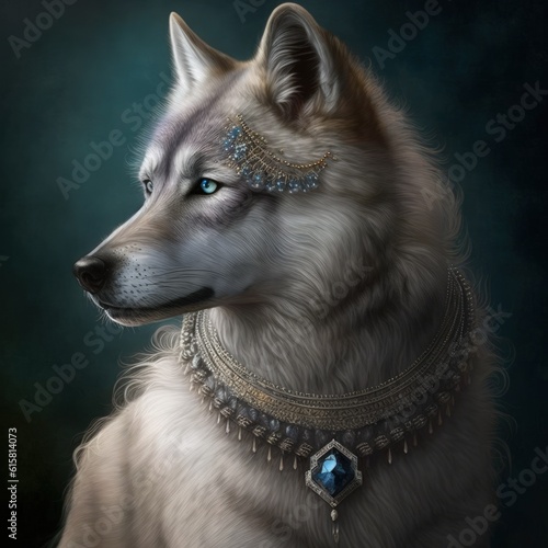 Realistic portrait of wolf wearing royal necklace 