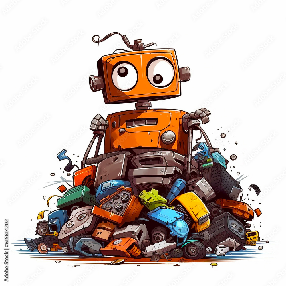 Cartoon illustration, junkyard electronic waste , cute robot unhappy