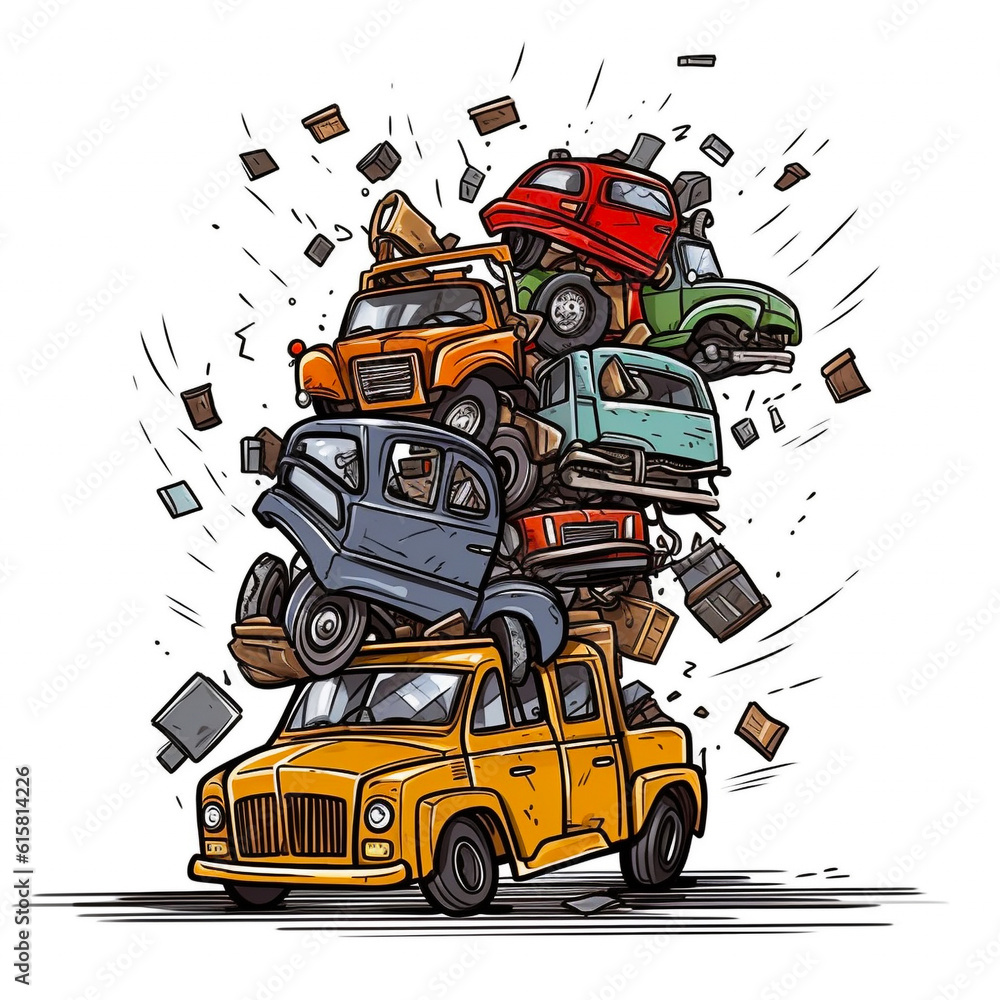 Cartoon illustration, junkyard electronic waste , cute robot unhappy