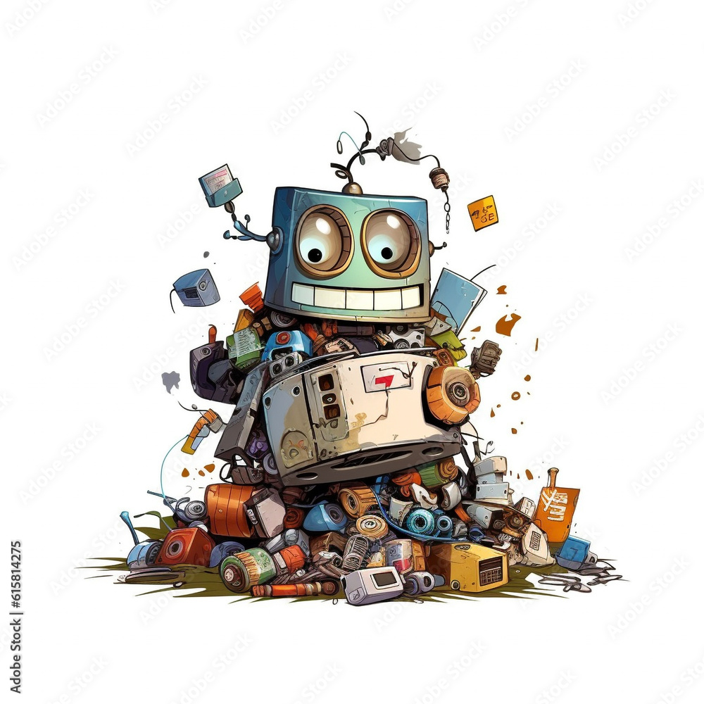 Cartoon illustration, junkyard electronic waste , cute robot unhappy bad moody Generative Ai Cartoon illustration, junkyard electronic waste , cute robot unhappy bad moody Generative Ai